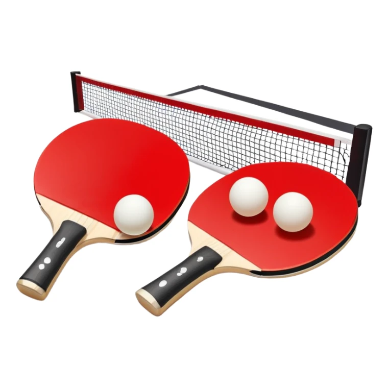 Two table tennis paddles and a ball placed on a ping pong table, with the net in the background. The scene conveys the simplicity and focus of the sport, with vibrant colors highlighting the rackets and ball on the smooth surface of the table. sticker