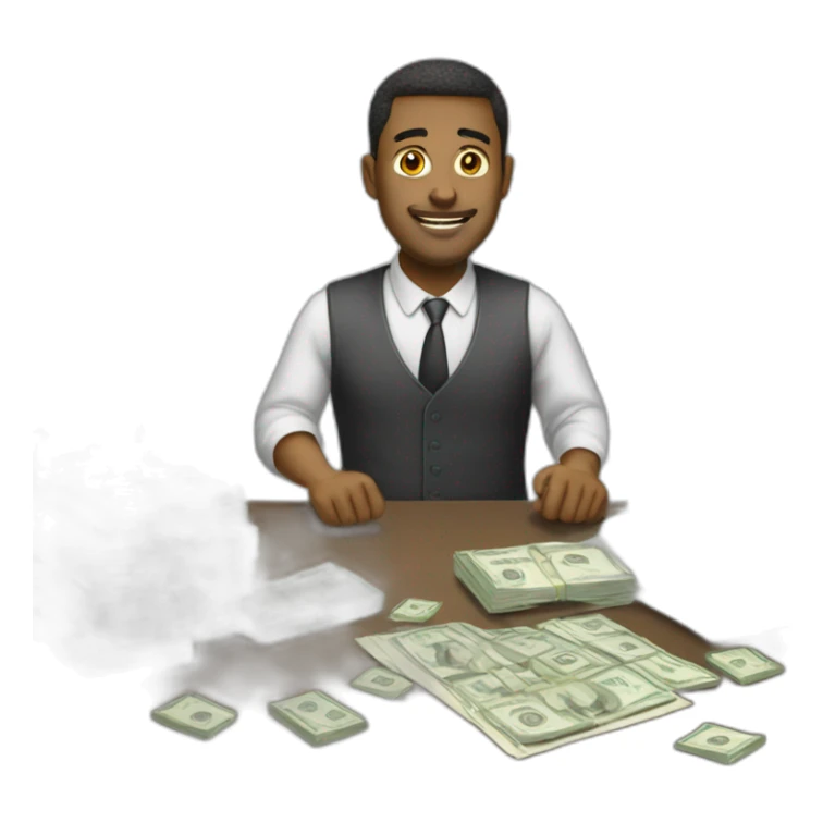 white man whith money working on desk sticker