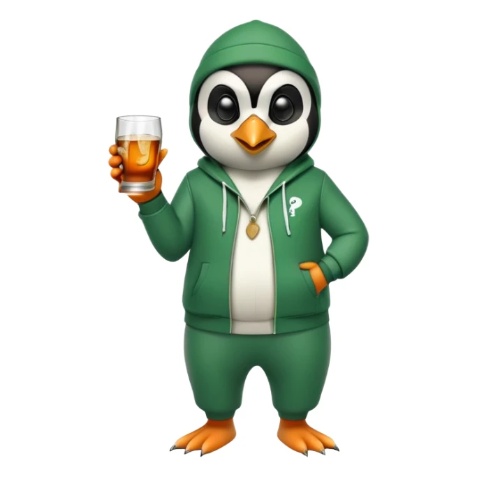 full body friendly anthropomorphised penguin wearing green mafia-style tracksuit, angry confident scheming stance, holding glass of whiskey sticker