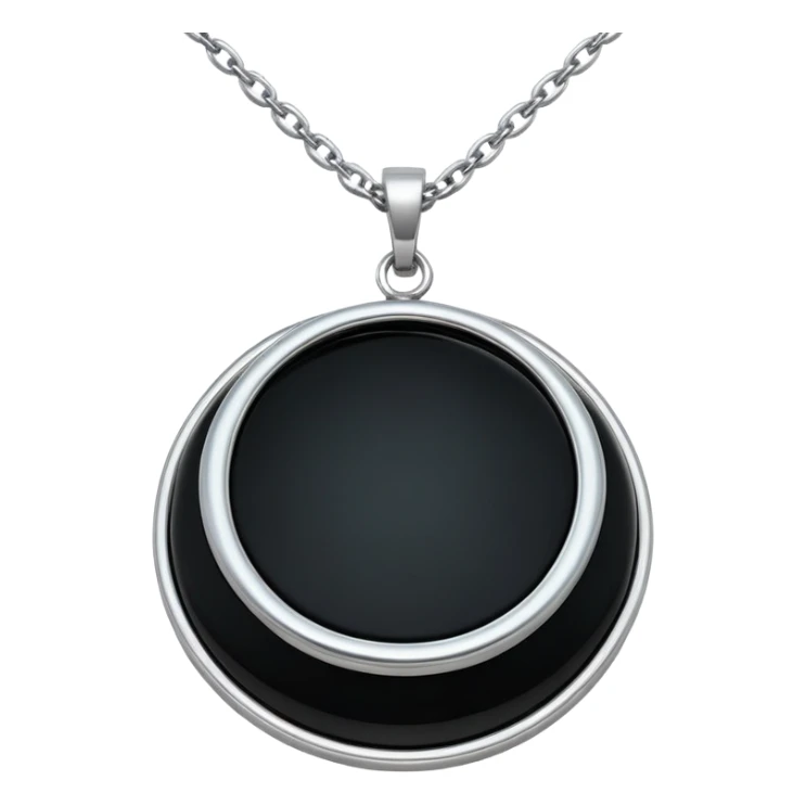 dark onyx talisman, round and polished, cradled by a silver chain, absorbing negativity with unseen grace sticker