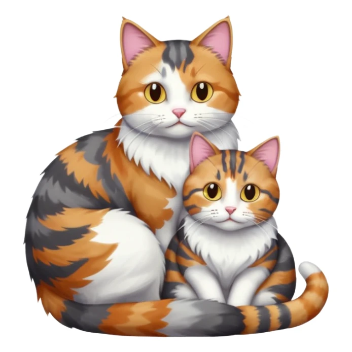 full body colourful light patched calico + white tabby cat cuddling a bigger cat that is dark grey and white tabby cat  and they are in love sticker