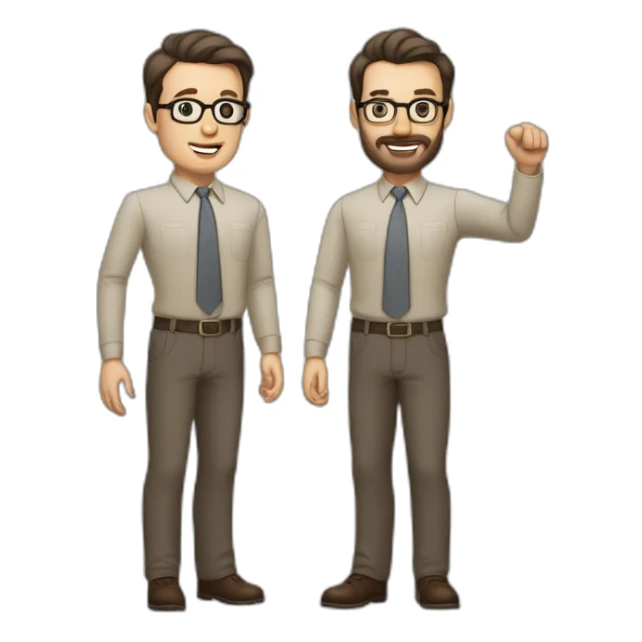 To belt Actively gesturing with hands Pale skinned fit man with dark brown hair in gray jacket, beige office shirt, brown tie, brown pants and vintage glasses. sticker