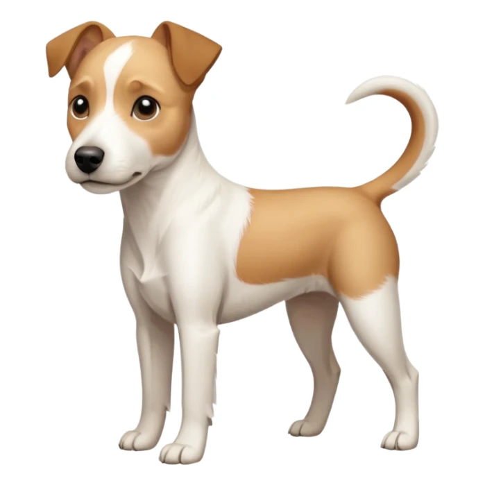a full body facing front on of a buff white parson russell terrier looking dog the size of a kelpie with light brown long ears resting on its face and a light brown patch above one eye and a large snout. the rest of the dog is completely white.  sticker