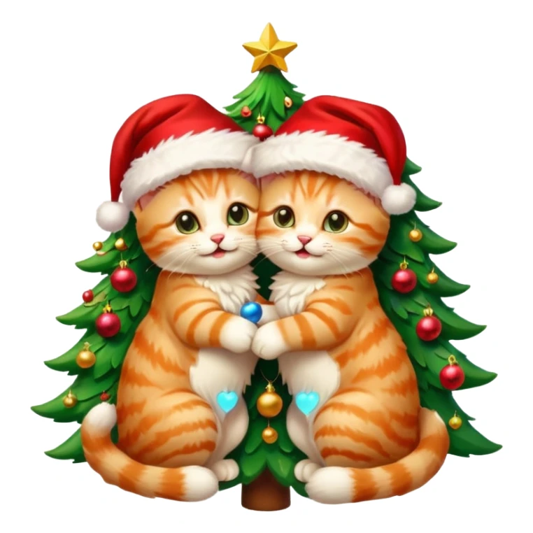 two hugging cream happy fluffy cute smiling kittens with Santa hats by a colorful multicolored brightly lit up Christmas tree sticker