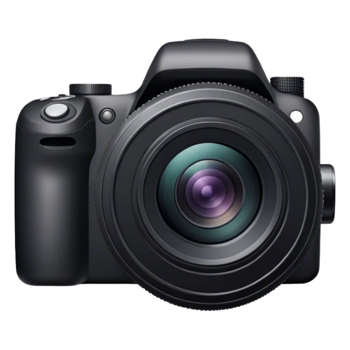 Photography icon, black camera with large lens, camera in focus, minimalistic style, clean lines, transparent background. sticker