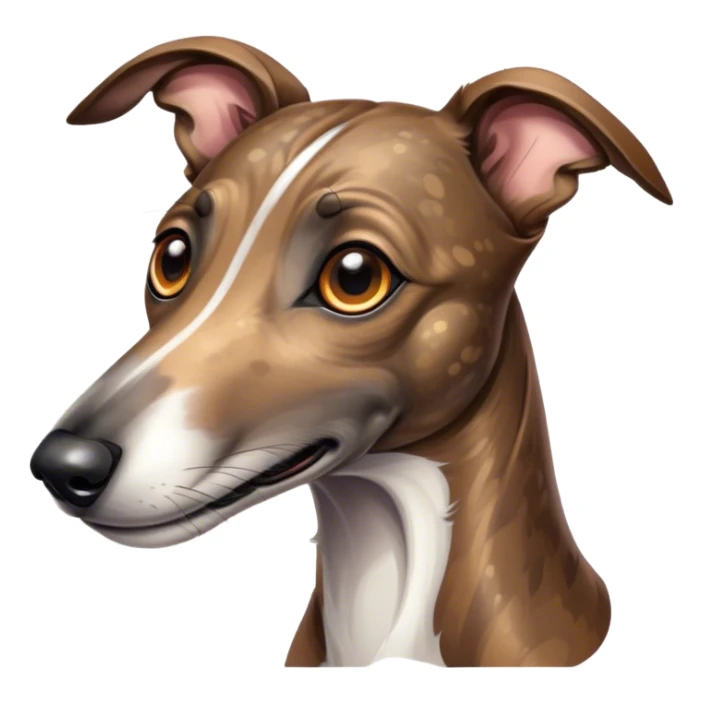 Cinematic Cute Brindle Greyhound Portrait Emoji, Head tilted playfully and inquisitively, featuring a sleek brindle Fur with subtle variations and round, sparkling eyes filled with curiosity, Simplified yet irresistibly adorable features, highly detailed, glowing with a warm, friendly glow, high shine, affectionate and nimble, stylized with a touch of whimsy, bright and endearing, soft glowing outline, capturing the essence of a mischievous yet loving companion, so playful it feels like it could sprint out of the screen and into your arms! sticker