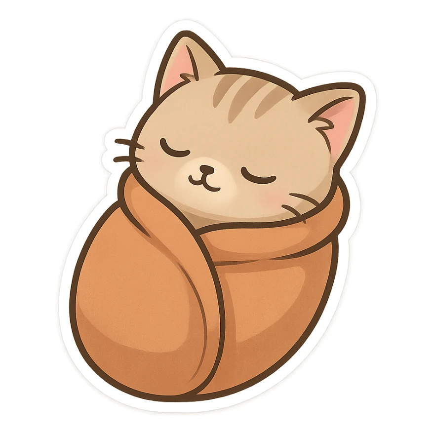 A sleeping kitten, rolled up in a blanket like a burrito sticker
