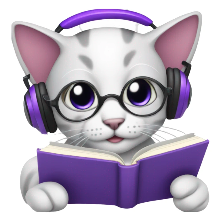 Cat with purple headphones reading a book sticker