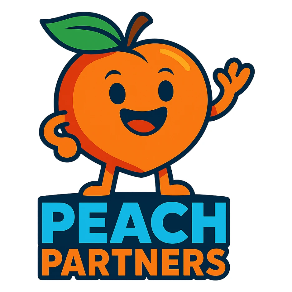 friendly peach mascot for 'Peach Partners' logo, vibrant toon style, vibrant colors, cheerful expression sticker