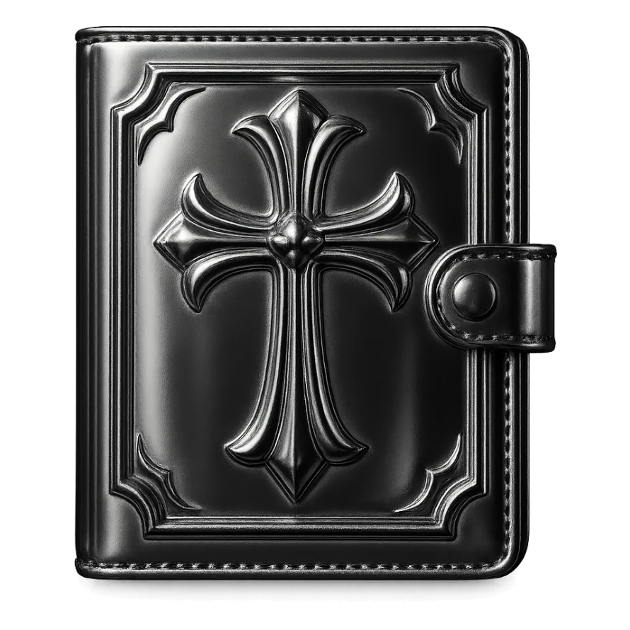 pink and black gothic wallet, metallic shine, reflective, futuristic gothic details sticker