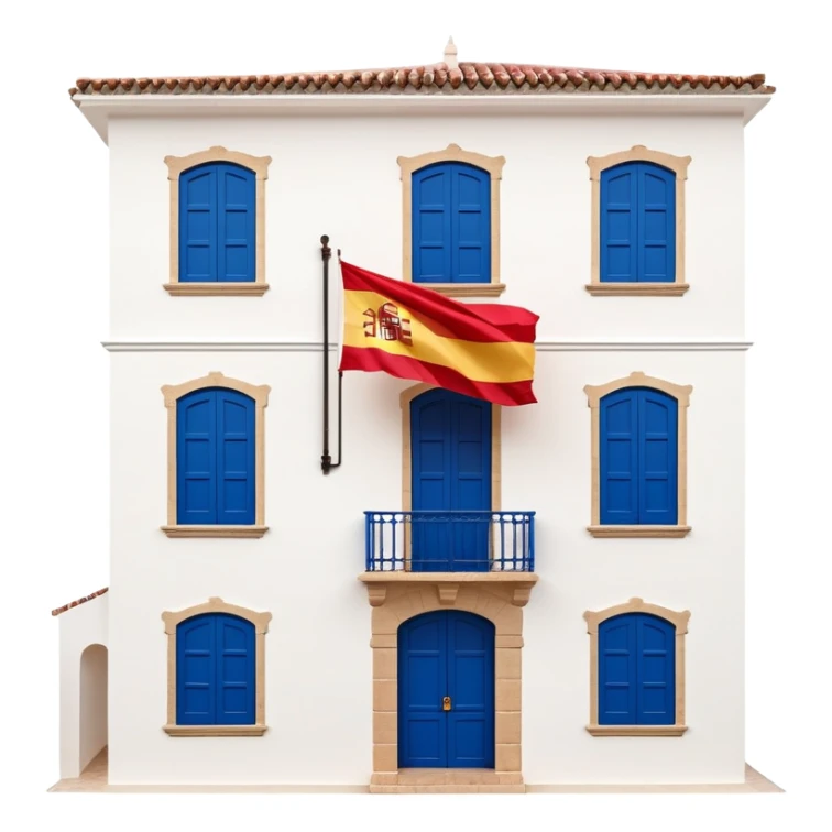 Andalusian-style Spanish house with white walls, blue windows, Spanish flag (red-yellow-red horizontal stripes) hanging from a small flag pole on the facade sticker