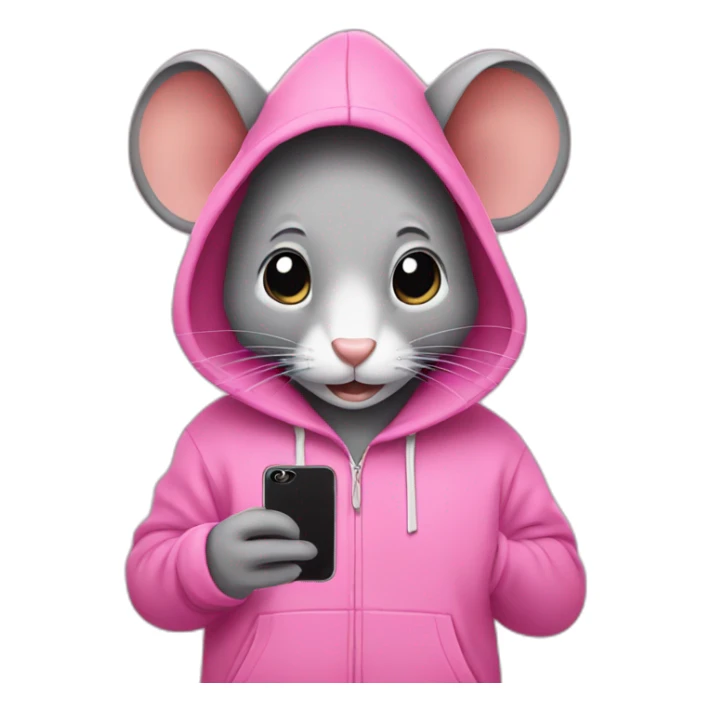 grey mouse wearing a pink hoodie with Iphone sticker