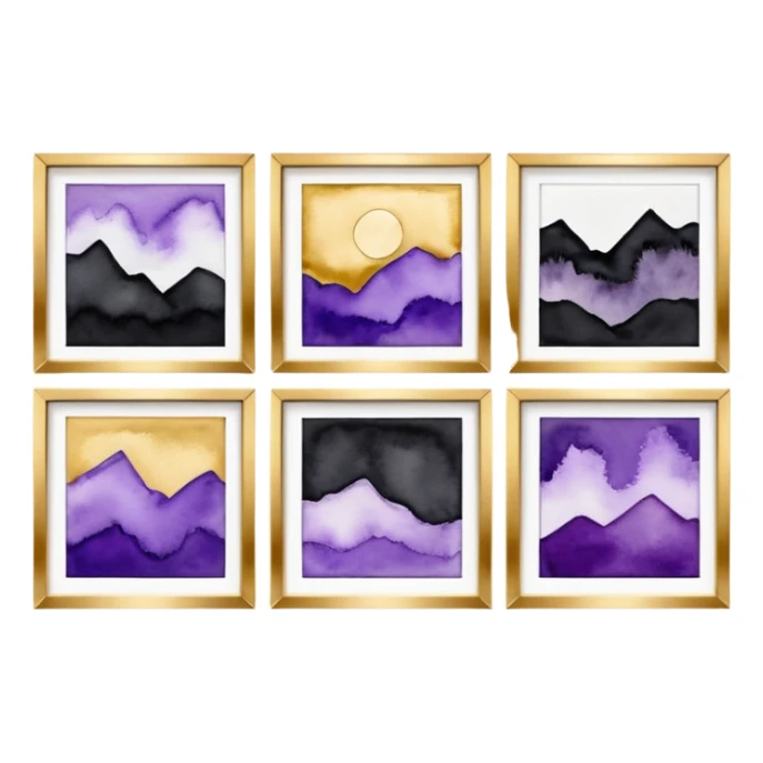 Black, white, gold, purple, abstract Watercolor paintings on three small canvases hanging next to each other  sticker