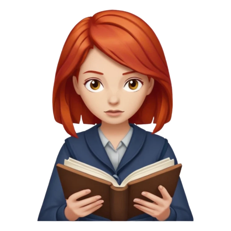 woman with red hair, reading a rulebook sticker