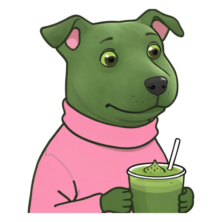 Clean girl dog with a pink sweater and a matcha sticker