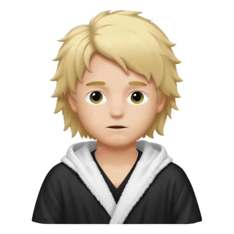 Create a blond boy with long, messy hair, light eyes, a white t-shirt, rich, with long hair, blue eyes, medium-length, voluminous hair, wearing a black Nike bathrobe and a little blush near his nose. and with a balaclava, type bandit balaclava covering the whole face[ sticker