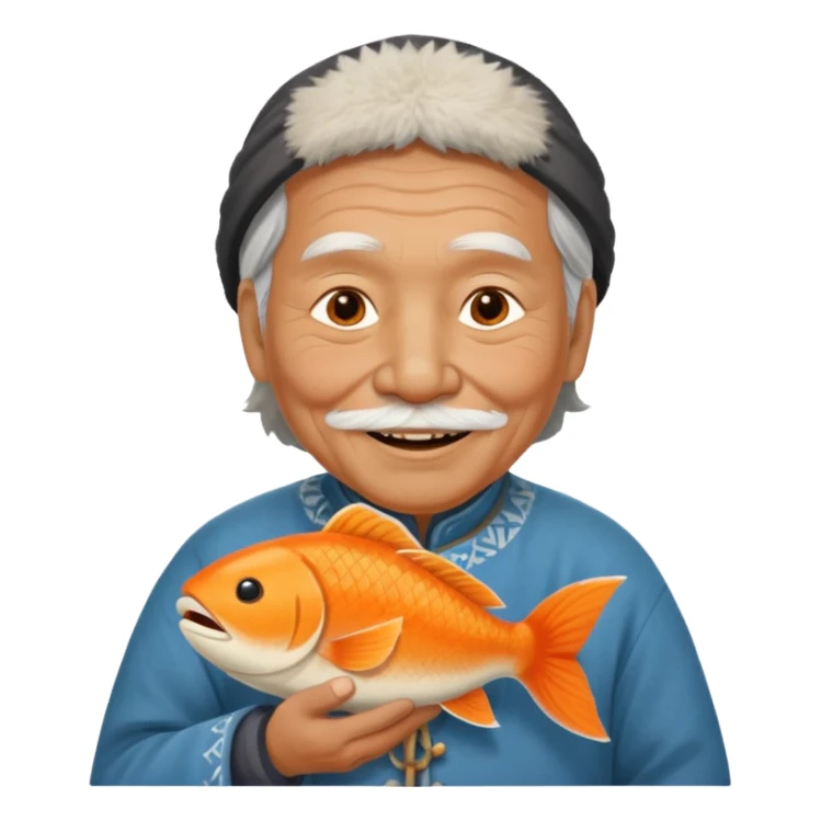 old inuit man with traditional inuit clothes and orange fish sticker