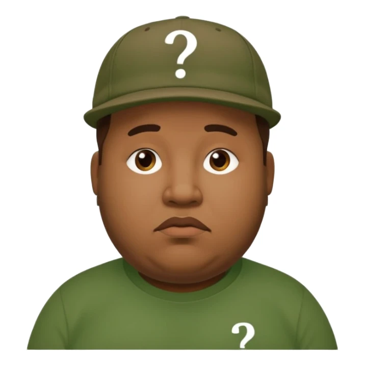 fat man with brown cap and green t shirt printeed a question mark sticker