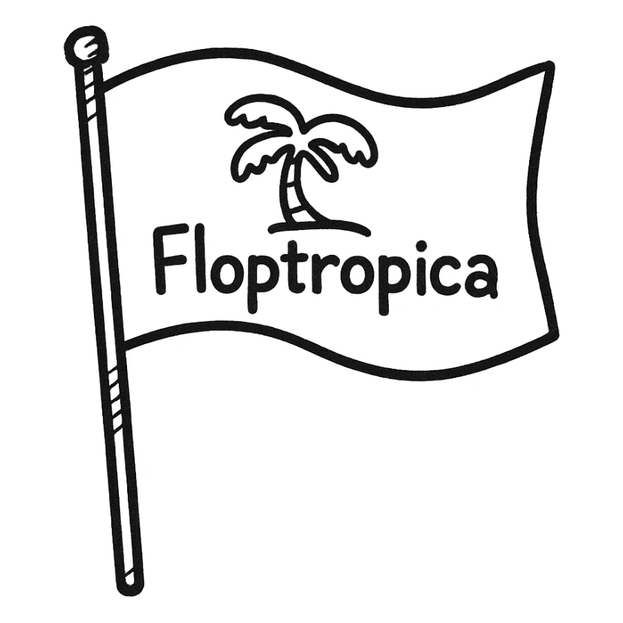 hand-drawn outlined flag on a stick with a quirky 'Floptropica' symbol sticker