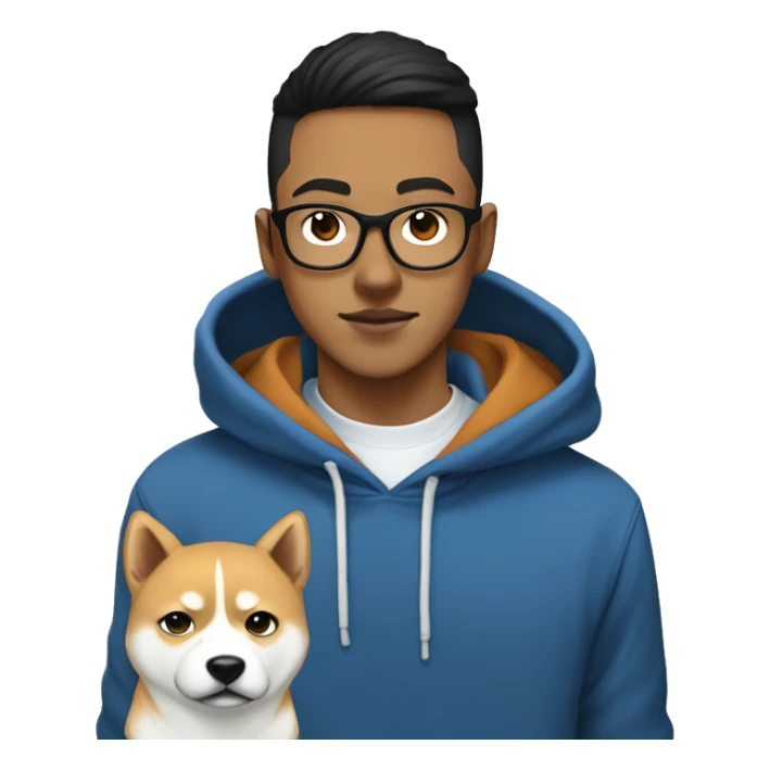 A young guy with white ponytail, black-framed glasses, a nose piercing, a blue hoodie and a Shiba Inu dog next to him sticker