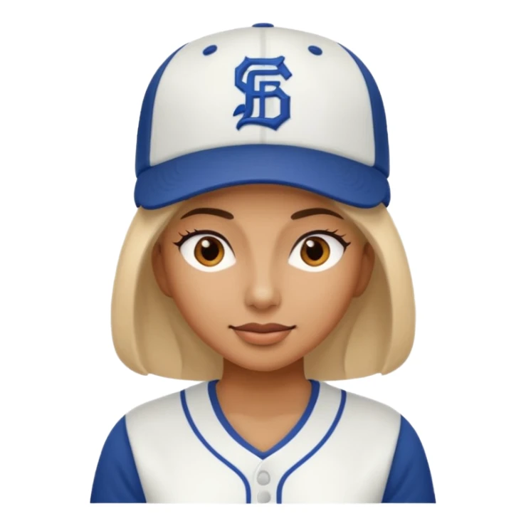 woman with white jersey and baseball hat sticker