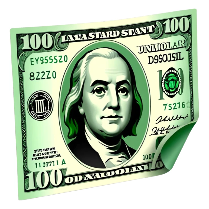 3D realistic US 100 dollar bill sticker, slight perspective, centered, clean cutout, transparent background, no text, no watermark sticker