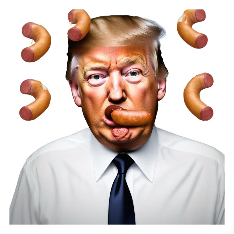 Donald trump drinking milk from a sausage hanging next to his face and getting milk all over his face sticker