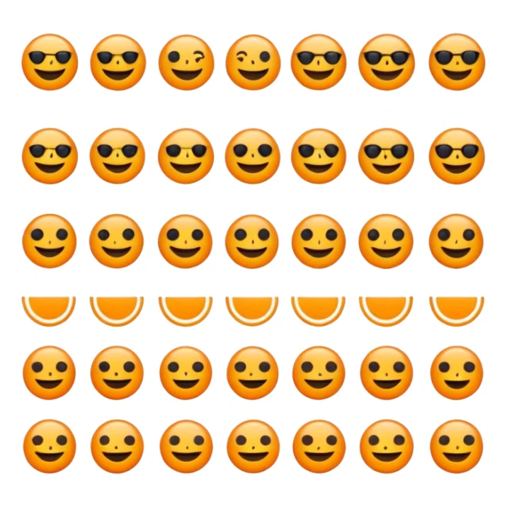 Minimalist flat emoji icon set, bright vivid orange symbols (#FF6200 or #FF8C00) on pure black background (#000000), sharp clean edges, no gradients, no shadows, high contrast, simple geometric shapes, modern UI icon style like Telegram stickers or Discord emojis sticker