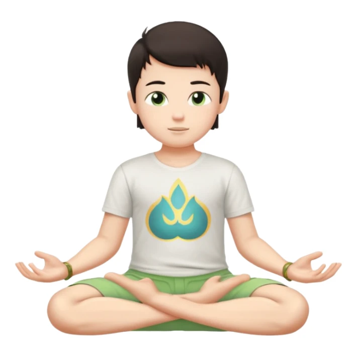 Menino branco de cabelo escuro, camiseta e bermuda verde claro sentado em pose de Buda com as mãos em forma de Mudra sticker