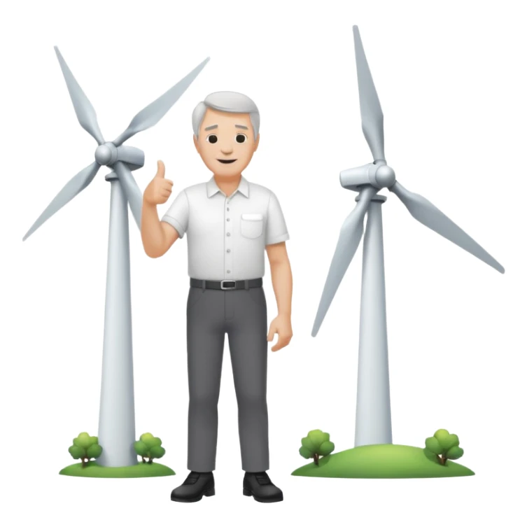 an older white man with grey hair and a white shirt and black pants doing a thumbs up pose, standing next to a silver wind turbine sticker