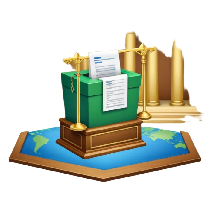 An icon featuring a ballot box with a voting paper, a government building with columns, and a scale of justice, symbolizing political science. The design includes a world map in the background, representing global political systems. Transparent background highlights governance and civic studies. sticker