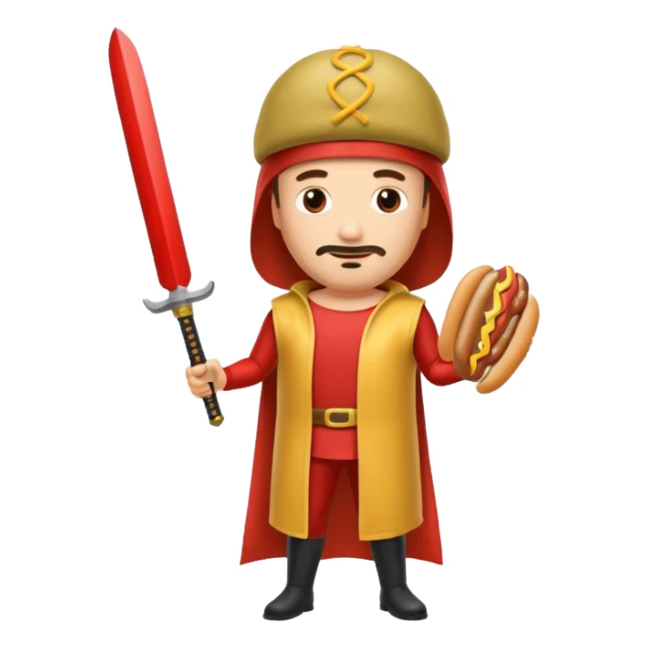 Middle aged attractive man wearing a hot dog costume wielding a katana sticker