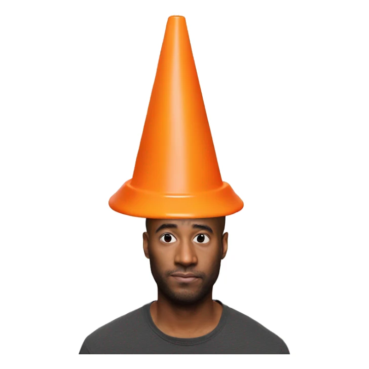 Orange traffic cone on a guy head who hide eyes sticker