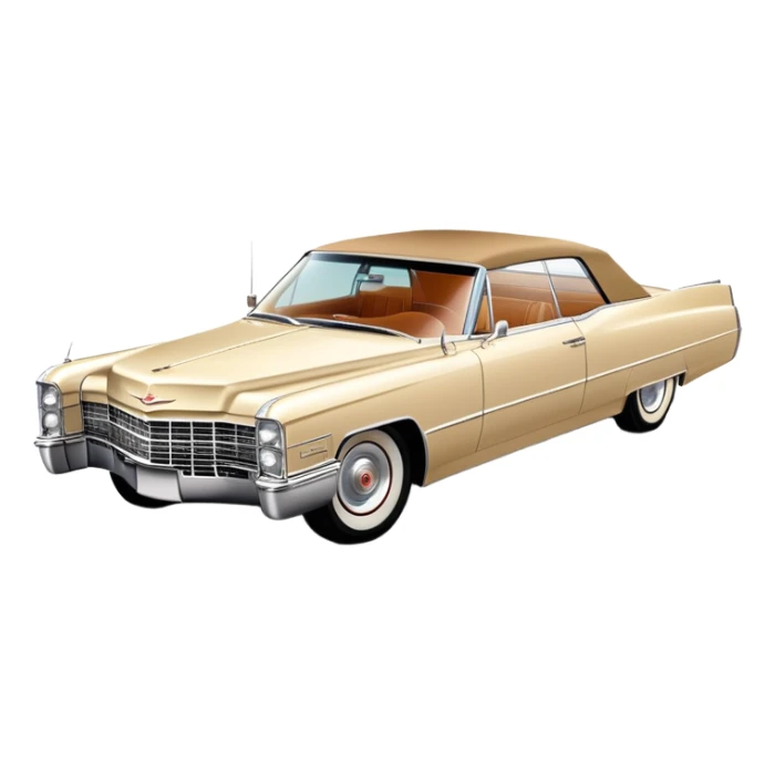Classic beige 1966 Cadillac DeVille at perfect 30-degree angle, showing detailed front end and sleek side profile, elegant vintage luxury car from Once Upon a Hollywood, iOS emoji style sticker
