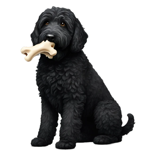 All black labradoodle carrying bone in mouth  sticker