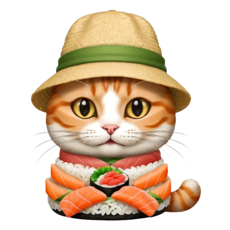 cat with its fingers crossed wearing a hat made out of sushi sticker