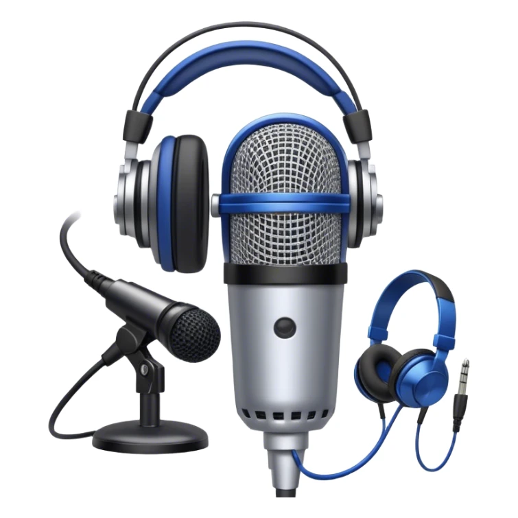 Create a sleek and professional emoji that represents voice acting and dubbing equipment. The design should feature a high-quality microphone, a sound mixer or audio interface, and headphones to symbolize the recording and technical process. Include elements like a soundproof booth or audio cables to reflect the studio environment. Use a modern, clean design with colors like silver, black, and dark blue to represent the professional side of voice acting. The background should be transparent. sticker
