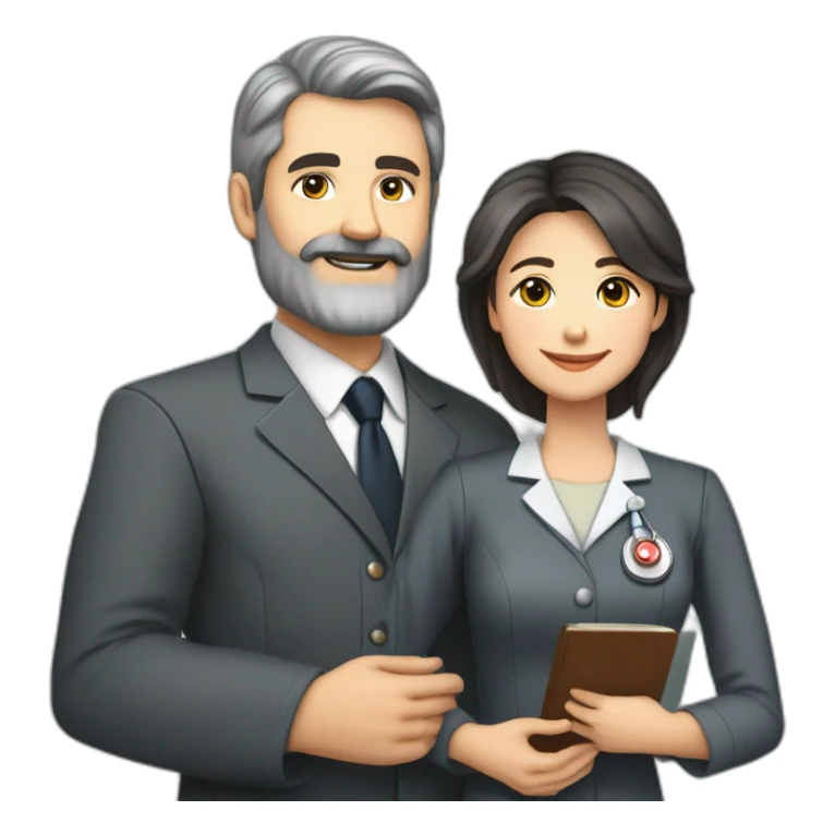 husband executive caucasian middle age dark gray hair trimmed beard business suit and open bible, with wife asian age 55 dark hair nurse uniform, no children sticker
