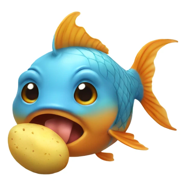 goldfish eating a potatoes that have blue hair sticker