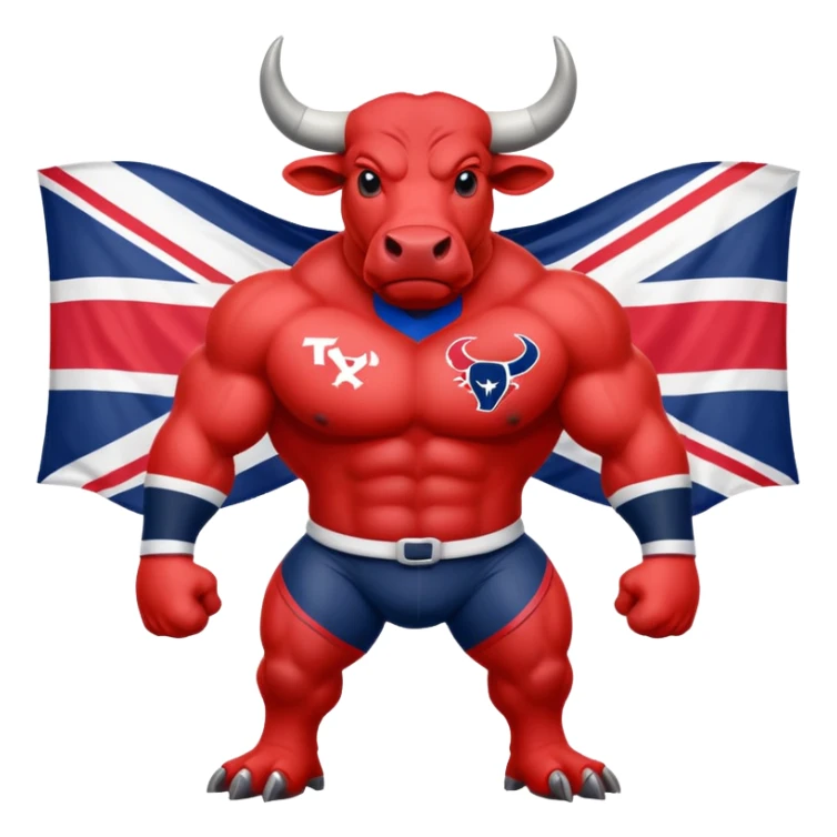 Houston texans bull, wearing a texans jersey, with a union jack flag behing sticker