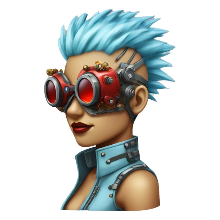 Light blue Mohawk hair female cyborg head with red steampunk goggles and circuits sticker