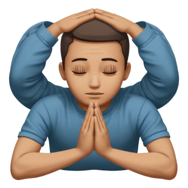apple style emoji of a man lying face down on the ground with hands pressed together in a prayer-like gesture above his head, pose suggests deep submission, apology, or asking for forgiveness, with Thai text above the person sticker