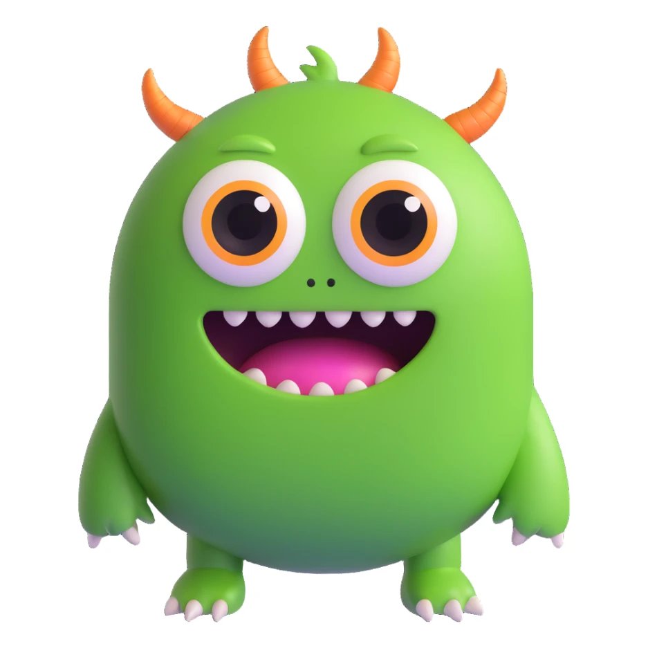 3D cute green monster, round body, no teeth, big eyes sticker