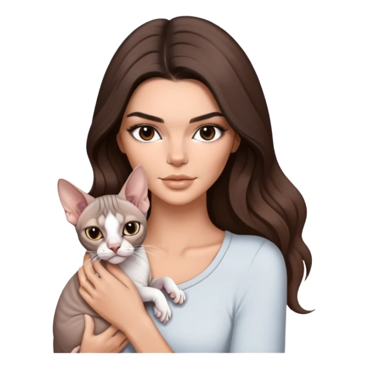 Kendall Jenner with long hair holding a white  grey Sphynx Cat sticker