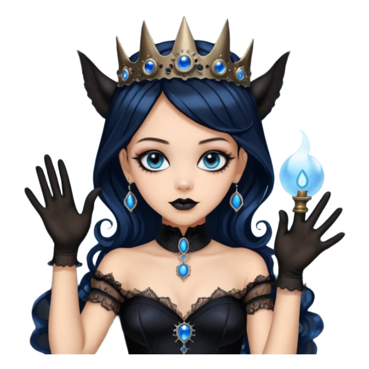 Slim fitting seductively dressed, Holed and worn Lavish black evening gown with see-through wispy black gloves, holding pose witchy Jenna Ortega as student Addams woman wearing a steampunk style mini tiara, very large blue evil-looking horned old evil eyes  sticker