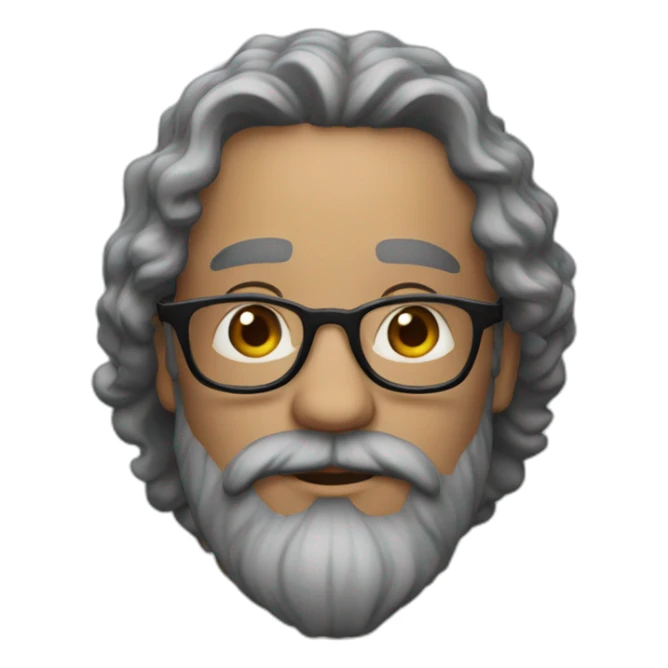 man with a beard and long dark curly hair, with square, red glasses and slightly gray beard sticker
