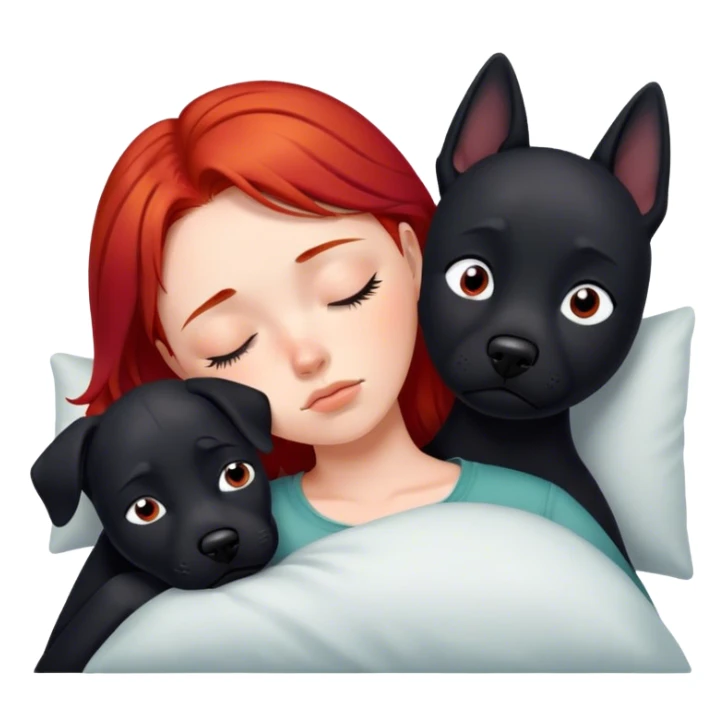 Red hair girl falling asleep with a black dog sticker