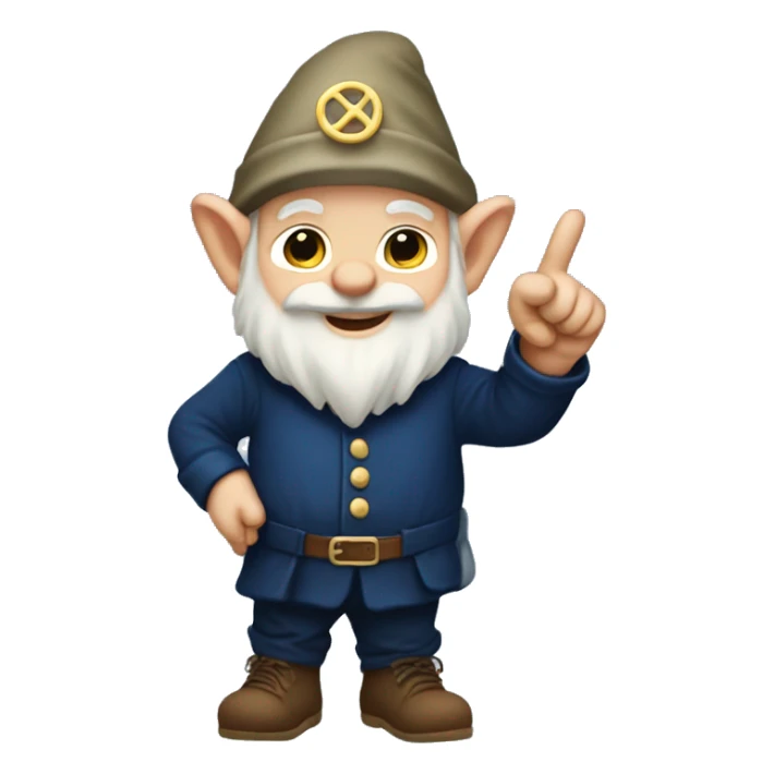 Gnome wearing navy blue holding up his hand with his pinky and index finger extended sticker