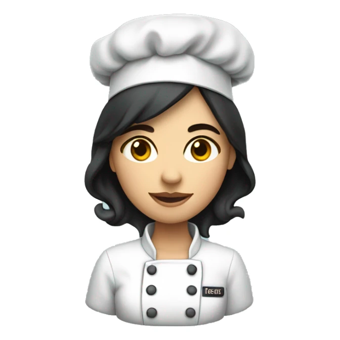 woman with dark hair and a chef hat wearinga chef jacket raising han sticker