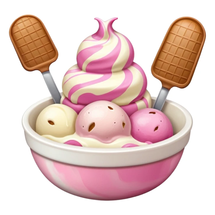 White, brown, and pink ice cream scoops in a bowl sticker
